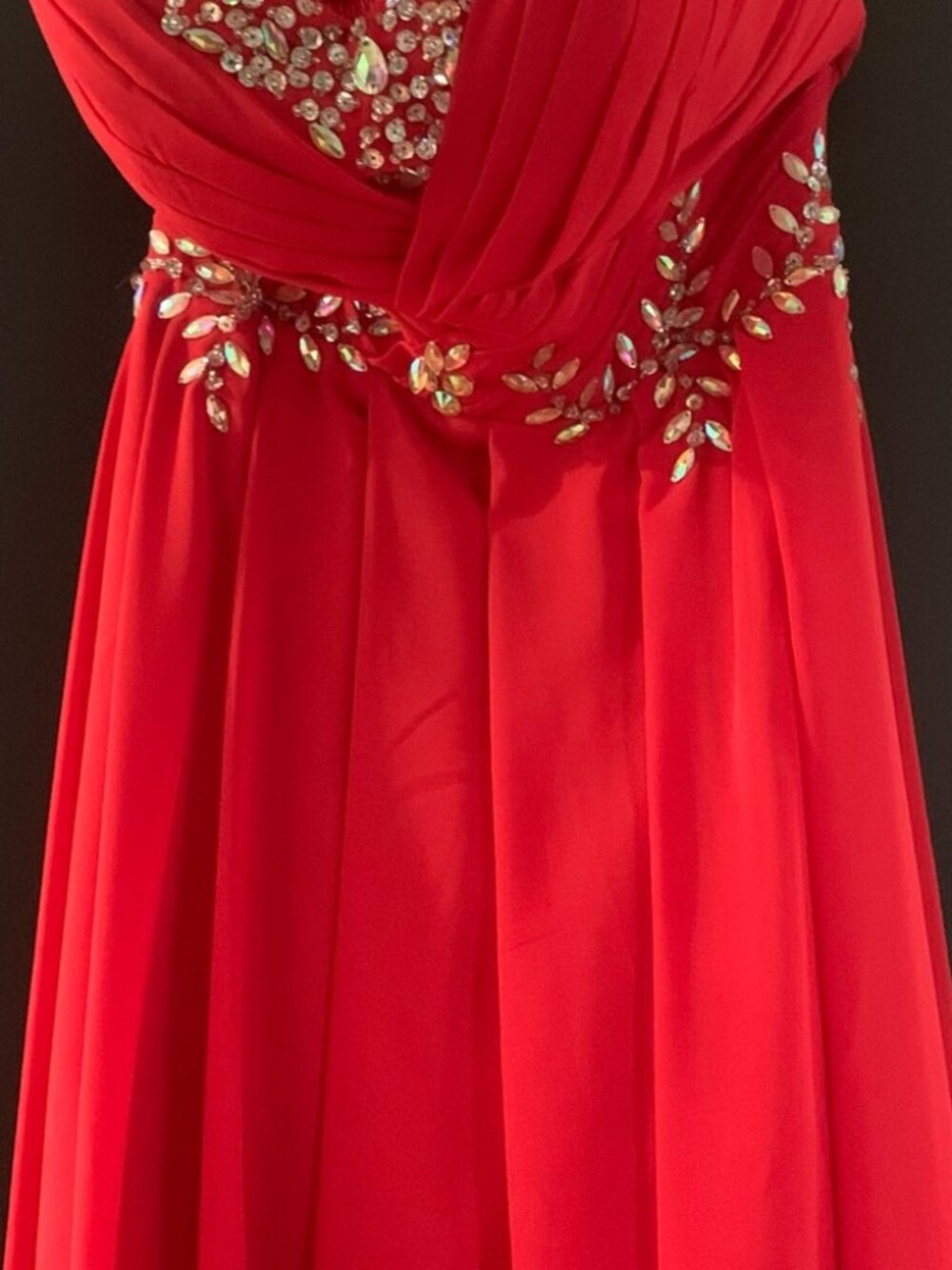 Long Red Formal Strapless Jeweled Dress Gown - Picture 7 of 12